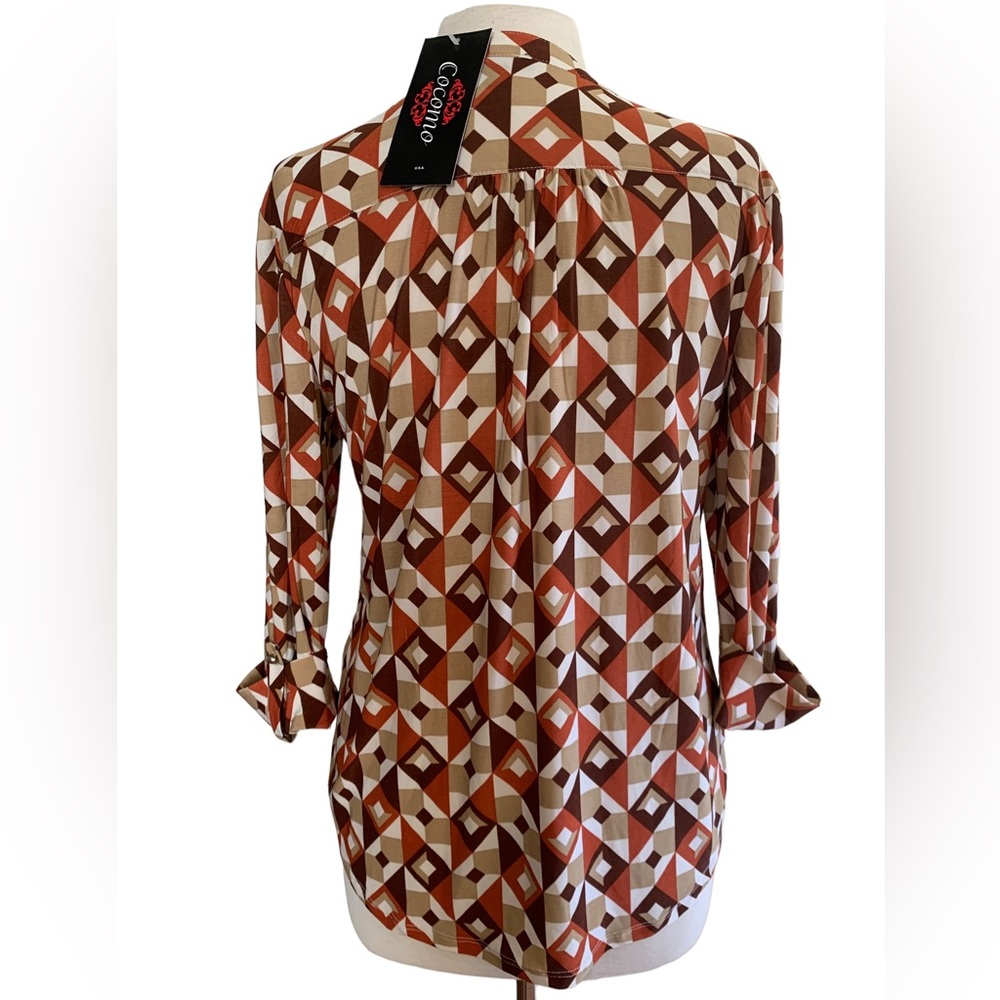 COCOMO Medium Brown Orange White 3/4 sleeve women's Pintuck Blouse top shirt - Picture 2 of 16